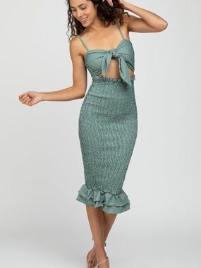 Green Gingham Print Smocked Fitted Self-Tie Midi Dress